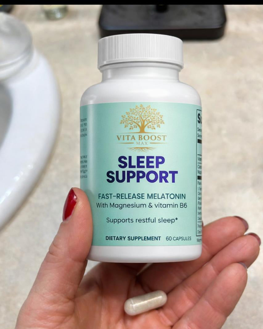 A happy customer holding a bottle of Vita Boost Max Sleep Support, showcasing real-user experience with this natural sleep aid.