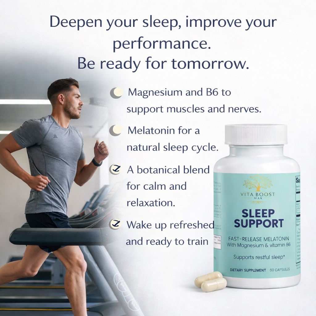 Vita Boost Max Sleep Support bottle with an athlete training, highlighting benefits for muscle support and natural sleep cycle.