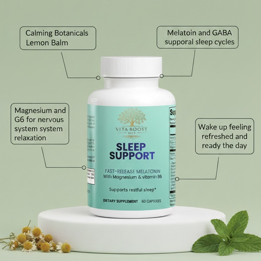 Infographic showing benefits of Vita Boost Max Sleep Support: Melatonin and GABA for sleep cycles, Magnesium and Vitamin B6 for nervous system relaxation, and calming botanicals like Lemon Balm.
