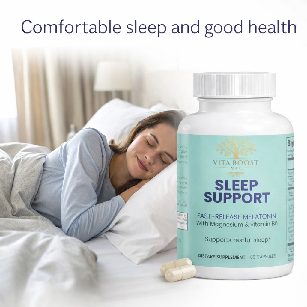 A woman sleeping peacefully in bed next to a bottle of Vita Boost Max Sleep Support, illustrating comfortable sleep and natural relaxation.
