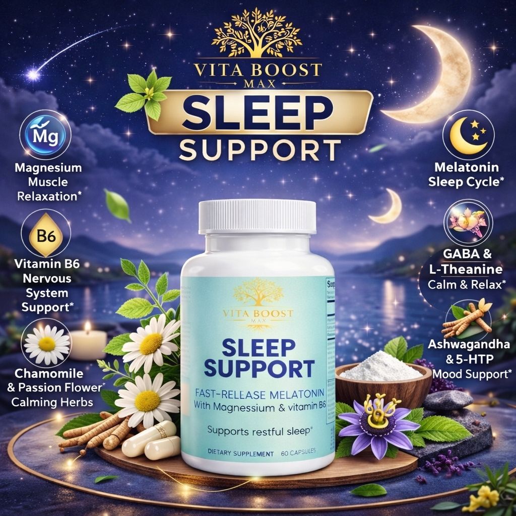 Vita Boost Max Sleep Support premium ingredients infographic featuring Magnesium, Vitamin B6, Melatonin, GABA, L-Theanine, and Ashwagandha for deep sleep.