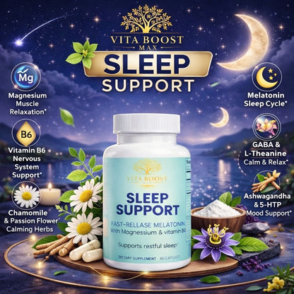 Vita Boost Max Sleep Support premium ingredients infographic featuring Magnesium, Vitamin B6, Melatonin, GABA, L-Theanine, and Ashwagandha for deep sleep.