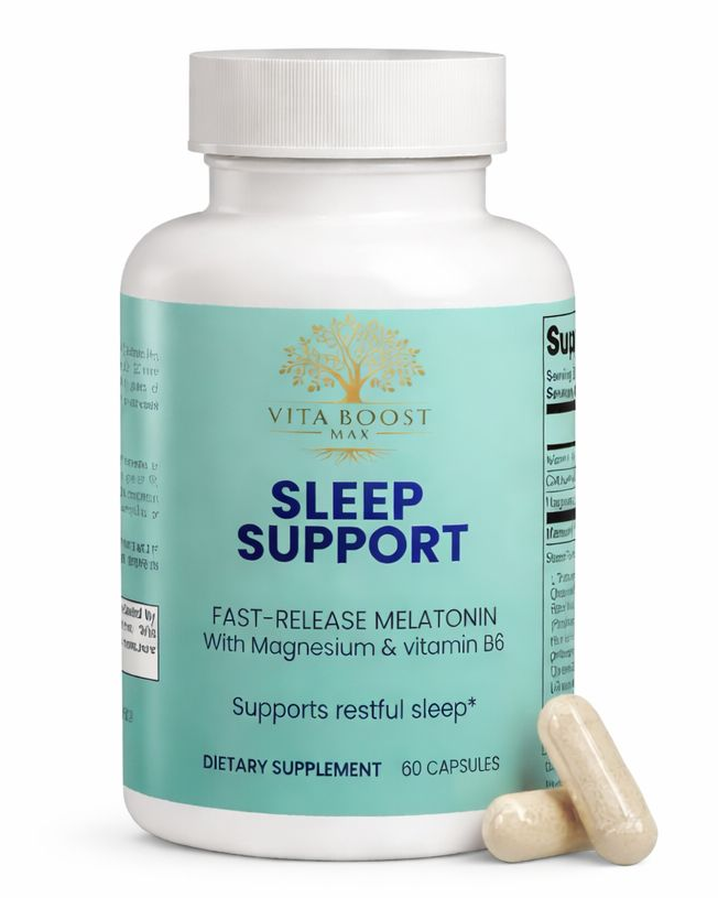A bottle of Vita Boost Max Sleep Support shown next to the Frequently Asked Questions list, highlighting its fast-release melatonin and magnesium formula for nightly rest.