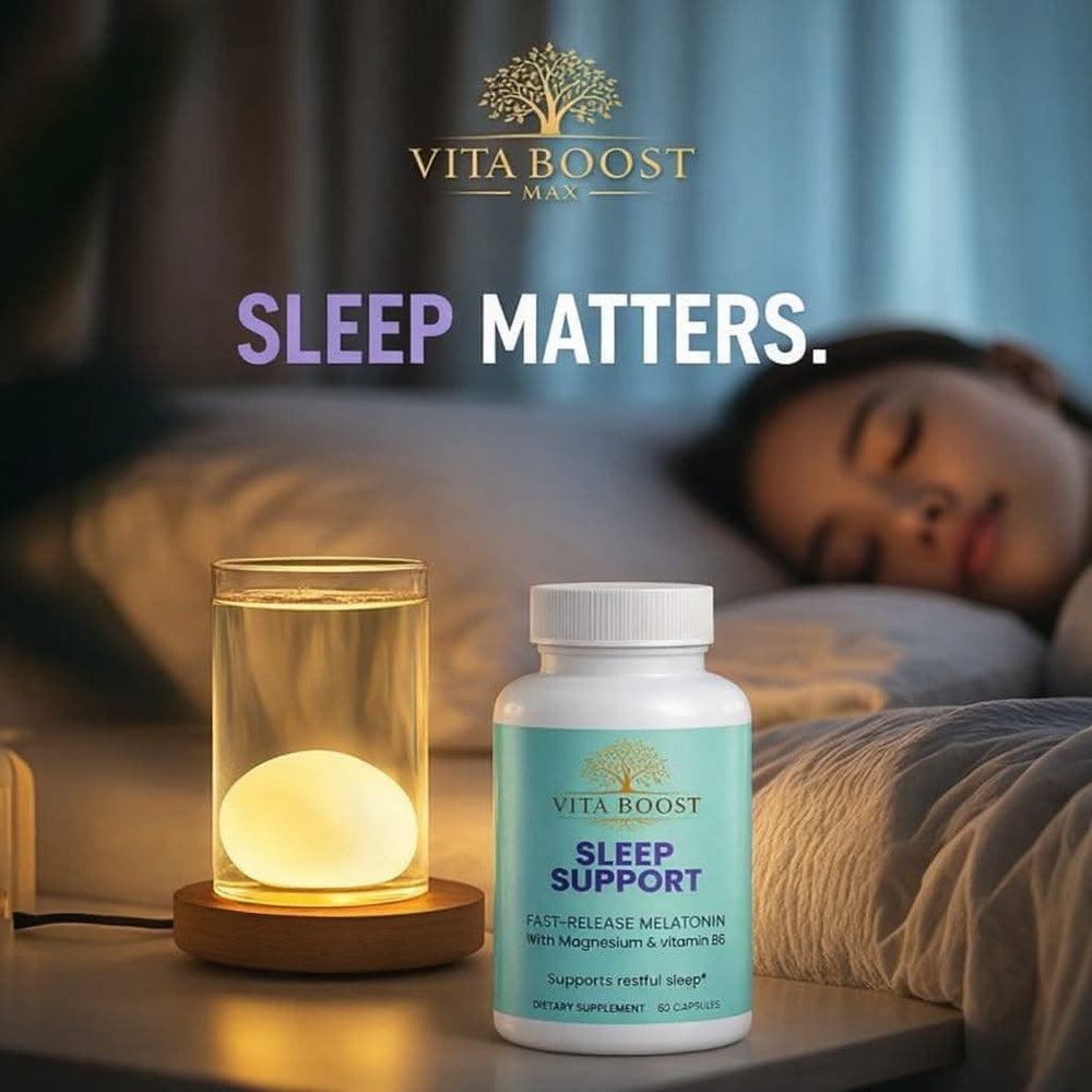 A woman enjoying deep sleep with Vita Boost Max Sleep Support, a natural formula designed to regulate the sleep cycle and ensure you wake up feeling refreshed