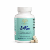 Vita Boost Max Sleep Support supplement bottle with 60 capsules, featuring Melatonin, Magnesium, and Vitamin B6 for restful sleep