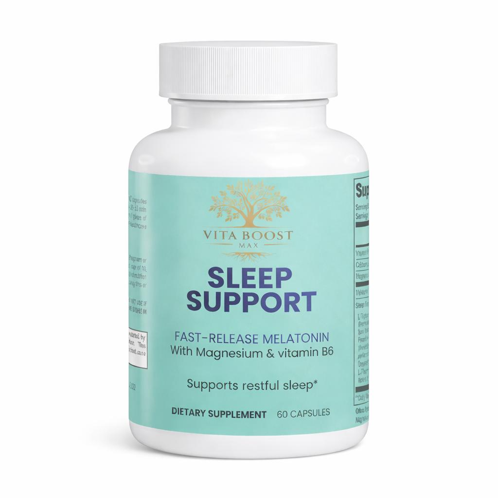 Vita Boost Max Sleep Support supplement bottle featuring Melatonin and Magnesium for deep restorative sleep and refreshed mornings.