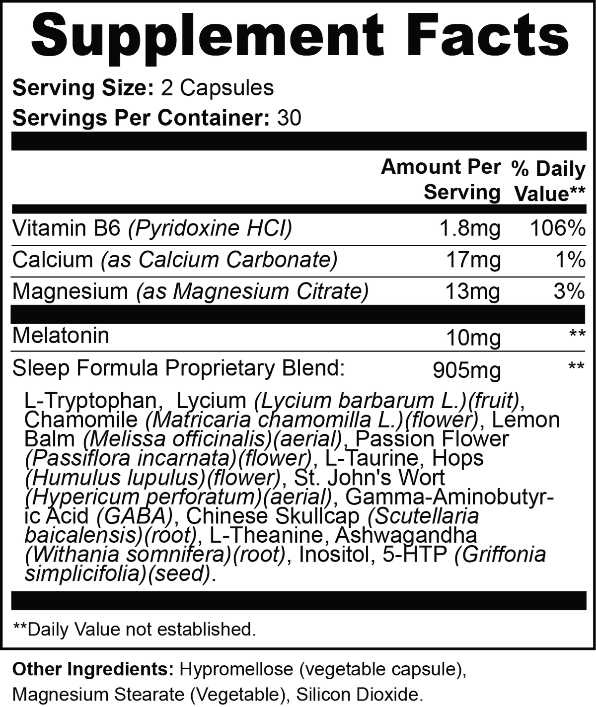 Detailed Supplement Facts label for Vita Boost Max Sleep Support, listing ingredients like Melatonin, Magnesium, GABA, and a proprietary blend of natural herbs