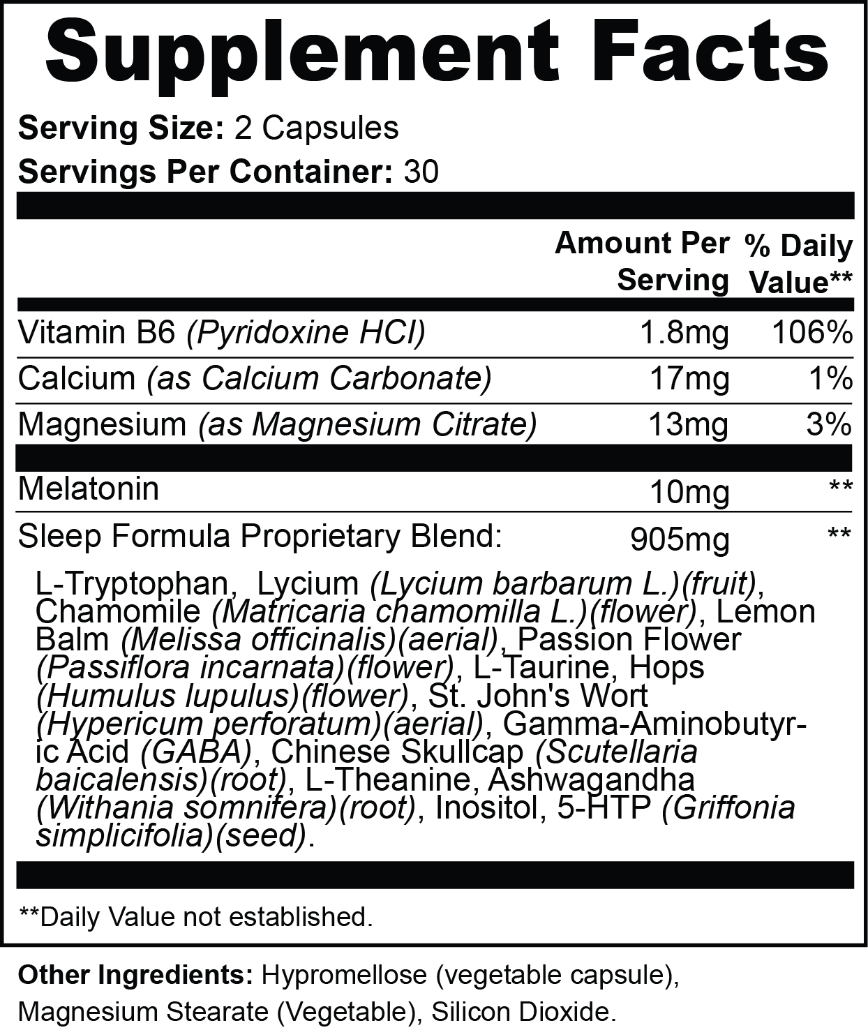 Detailed Supplement Facts label for Vita Boost Max Sleep Support, listing ingredients like Melatonin, Magnesium, GABA, and a proprietary blend of natural herbs