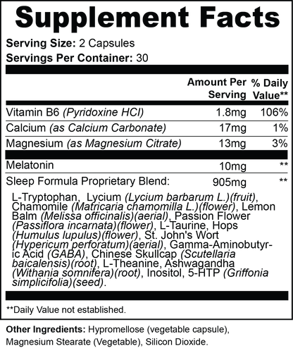 Detailed Supplement Facts label for Vita Boost Max Sleep Support, listing ingredients like Melatonin, Magnesium, GABA, and a proprietary blend of natural herbs